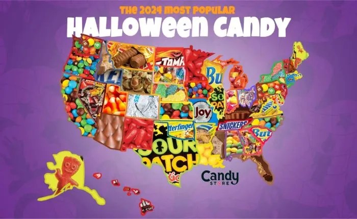 A map of the United States showing the most popular Halloween candy in each state. 